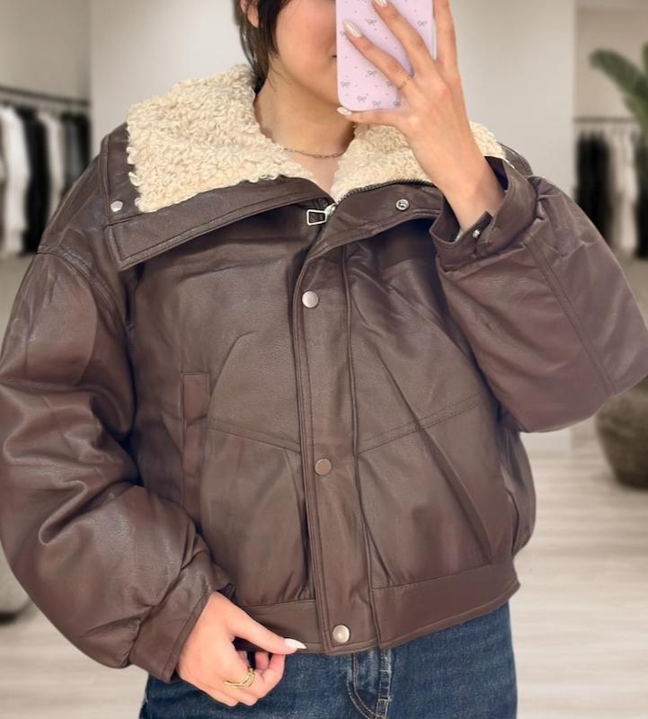 کاپشن چرم یقه ببعی زنانه 7075