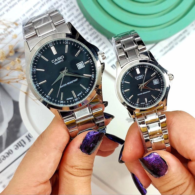 ست ساعت کاسیو کلاسیک سیلور صفحه مشکی | ساعت زنانه و مردانه casio کد  082 