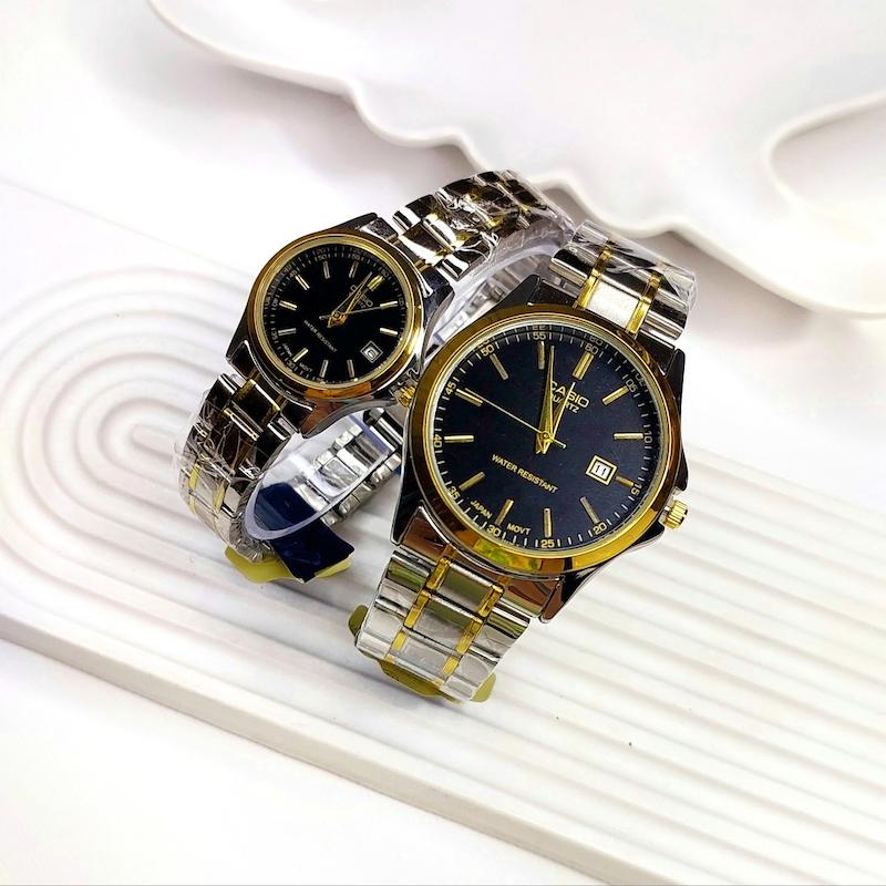  ست ساعت کاسیو کلاسیک سیلور طلایی صفحه مشکی | ساعت زنانه و مردانه casio کد  082 -