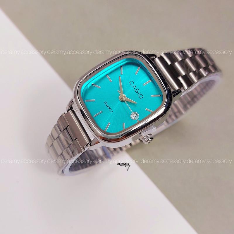 ست ساعتمچی کاسیو مربعی با کیفیت عالی سیلور صفحه آبی تیفانی | ساعت مچی اولد مانی casio زنانه مردانه 180 گرید بالا