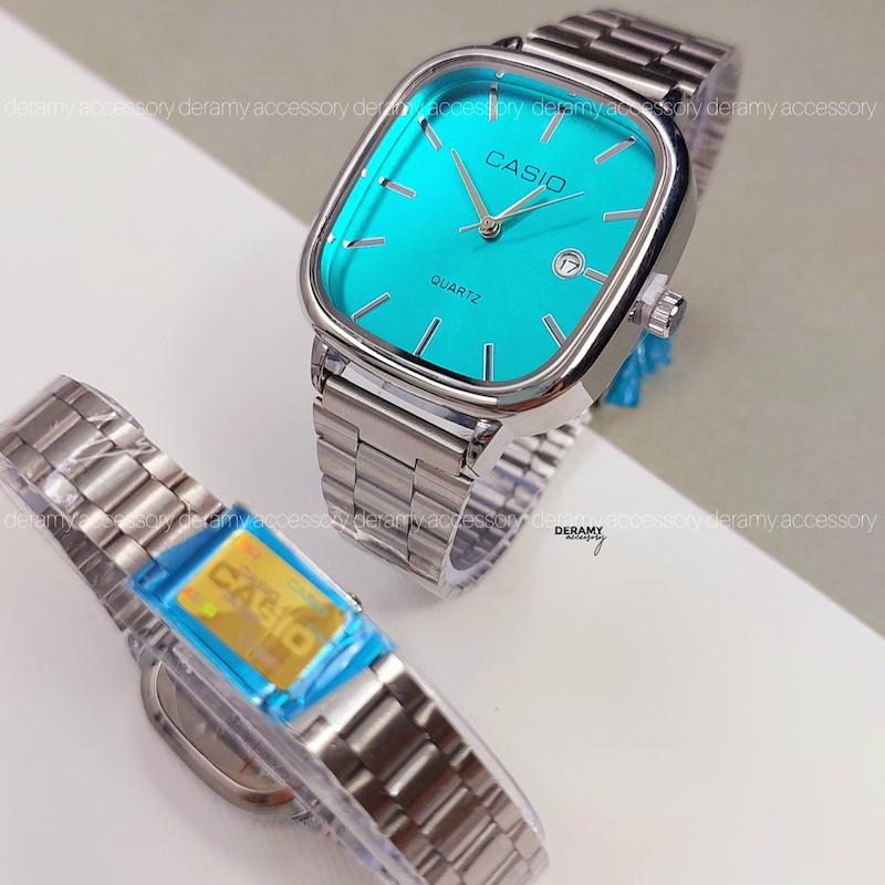 ست ساعتمچی کاسیو مربعی با کیفیت عالی سیلور صفحه آبی تیفانی | ساعت مچی اولد مانی casio زنانه مردانه 180 گرید بالا