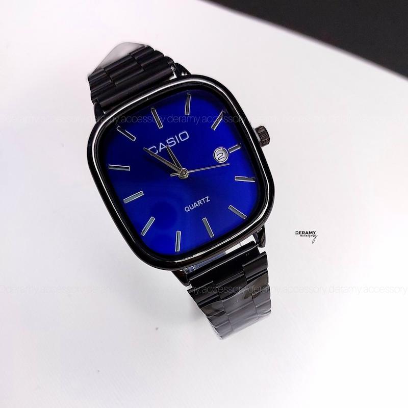 ست ساعتمچی کاسیو مربعی مشکی صفحه آبی کاربنی ترند | ساعت مچی اولد مانی casio زنانه مردانه 180 گرید بالا