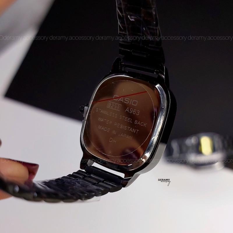 ست ساعتمچی کاسیو مربعی مشکی صفحه آبی کاربنی ترند | ساعت مچی اولد مانی casio زنانه مردانه 180 گرید بالا