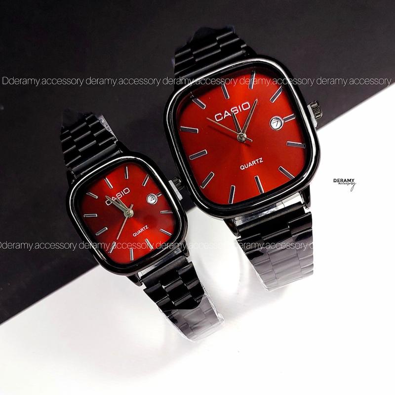 ست ساعتمچی کاسیو مربعی مشکی صفحه قرمز (چری) ترند | ساعت مچی اولد مانی casio زنانه مردانه 180 گرید بالا- 