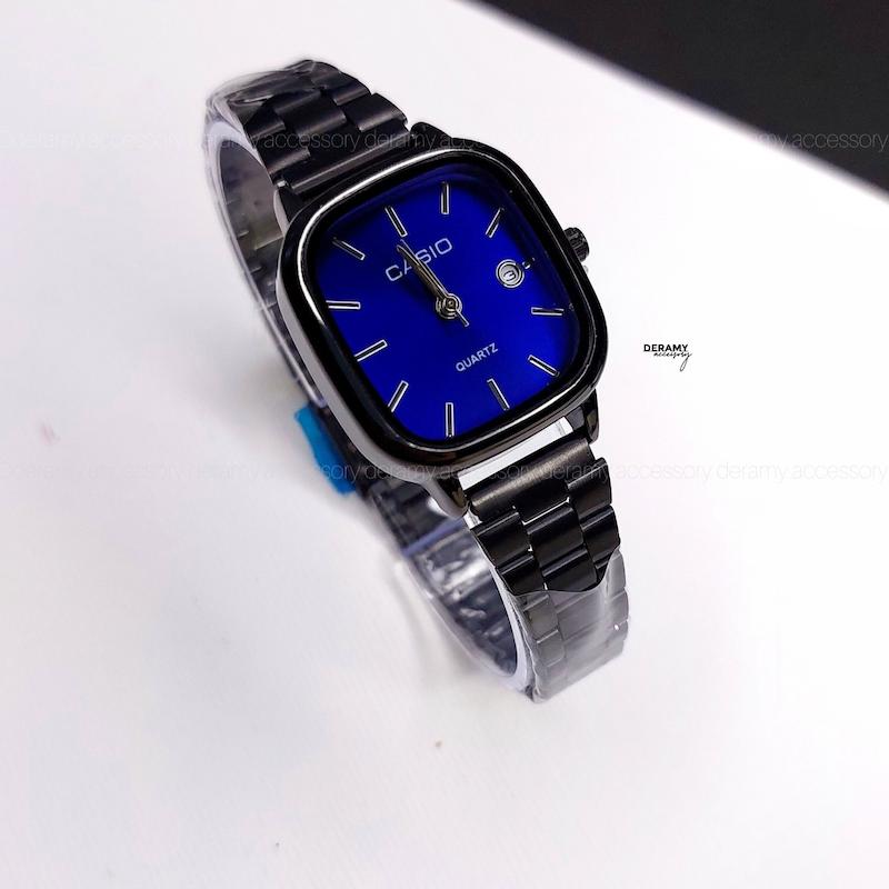 ست ساعتمچی کاسیو مربعی مشکی صفحه آبی کاربنی ترند | ساعت مچی اولد مانی casio زنانه مردانه 180 گرید بالا- کیفیت دار
