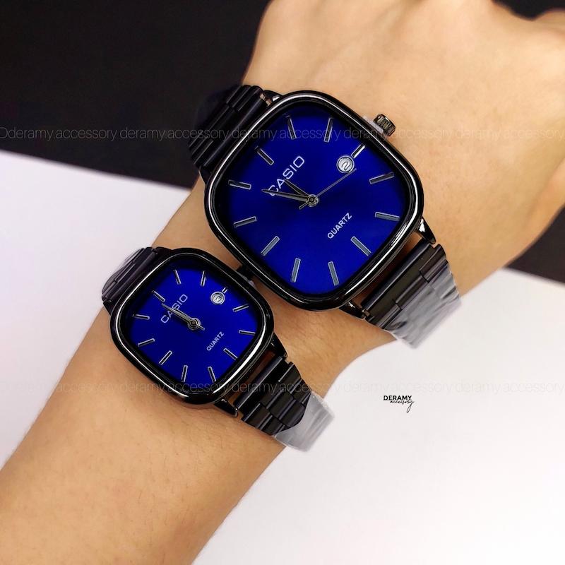 ست ساعتمچی کاسیو مربعی مشکی صفحه آبی کاربنی ترند | ساعت مچی اولد مانی casio زنانه مردانه 180 گرید بالا- کیفیت دار