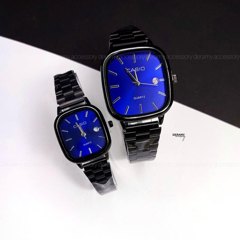 ست ساعتمچی کاسیو مربعی مشکی صفحه آبی کاربنی ترند | ساعت مچی اولد مانی casio زنانه مردانه 180 گرید بالا- کیفیت دار