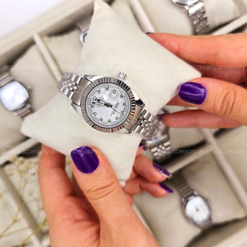 رنگبندی ساعت مچی زنانه رولکس تمام سیلور صفحه سفید و مشکی | ساعتمچی rolex  کد 125