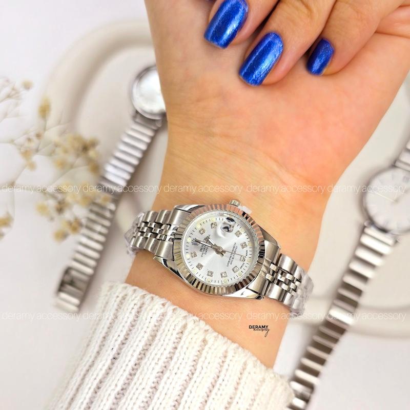 رنگبندی ساعت مچی زنانه رولکس تمام سیلور صفحه سفید و مشکی | ساعتمچی rolex  کد 125