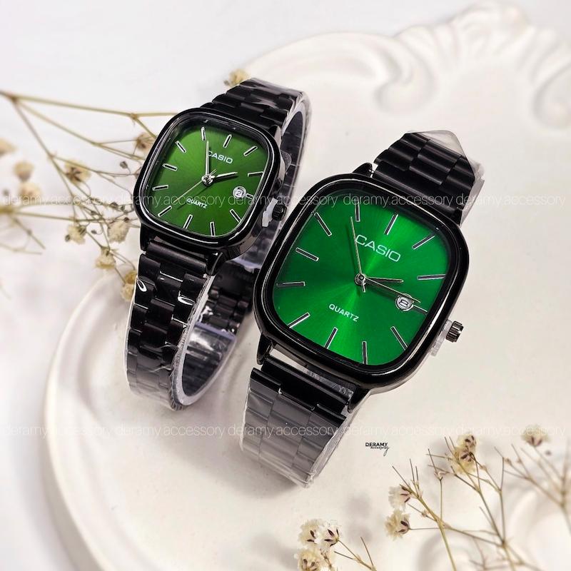 ست ساعتمچی کاسیو مربعی مشکی صفحه سبز درباری ترند | ساعت مچی اولد مانی casio زنانه مردانه 180 گرید بالا- کیفیت دار
