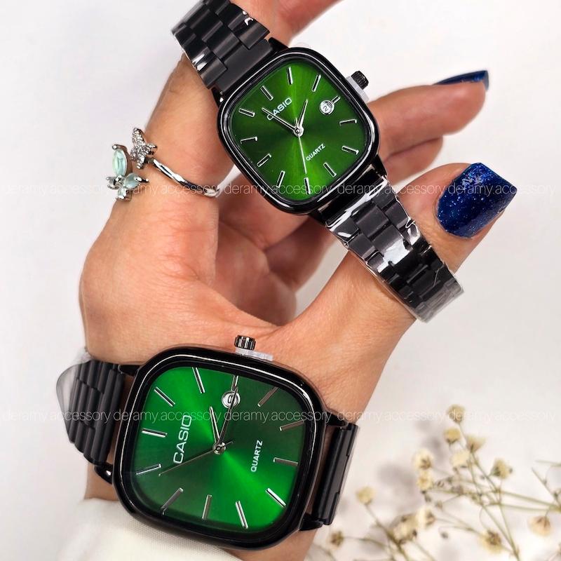 ست ساعتمچی کاسیو مربعی مشکی صفحه سبز درباری ترند | ساعت مچی اولد مانی casio زنانه مردانه 180 گرید بالا- کیفیت دار