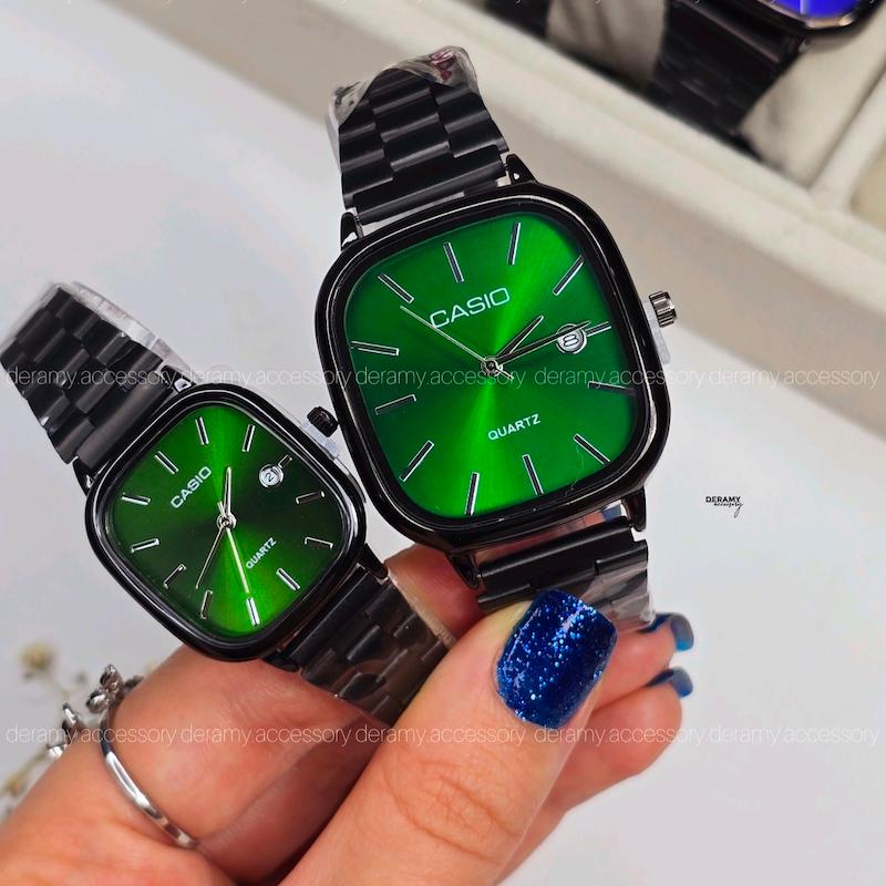 ست ساعتمچی کاسیو مربعی مشکی صفحه سبز درباری ترند | ساعت مچی اولد مانی casio زنانه مردانه 180 گرید بالا- کیفیت دار