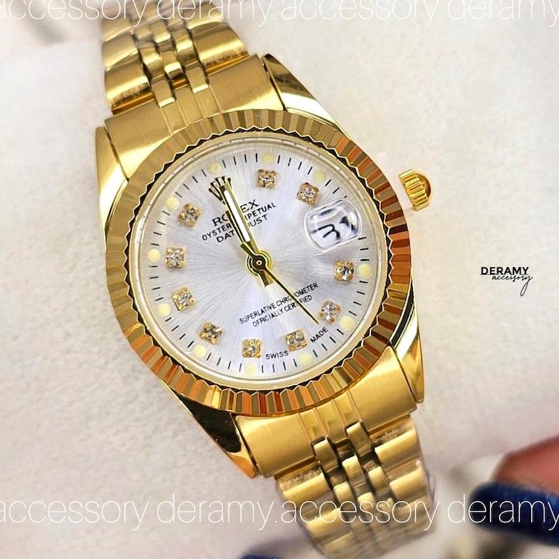 رنگبندی ساعت مچی زنانه رولکس تمام طلایی صفحه سفید  | ساعتمچی rolex  کد 125-