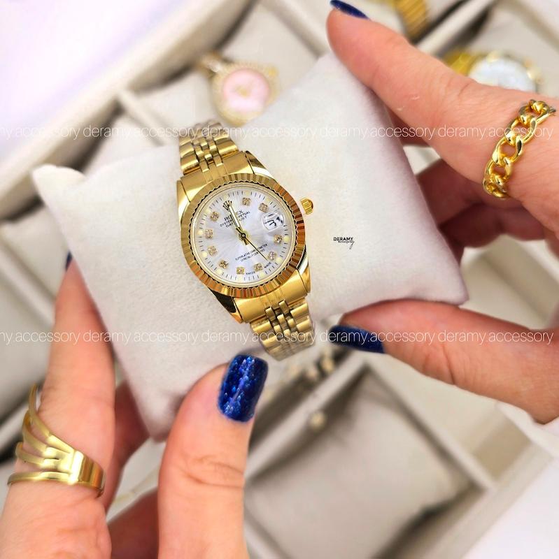 رنگبندی ساعت مچی زنانه رولکس تمام طلایی صفحه سفید  | ساعتمچی rolex  کد 125-