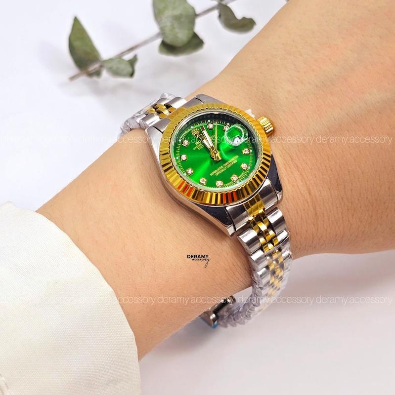 رنگبندی ساعت مچی زنانه رولکس سیلور طلایی صفحه سبز  | ساعتمچی rolex  کد 125--