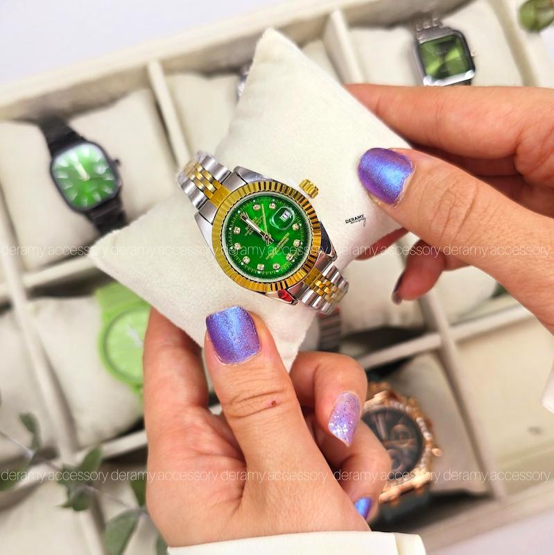 رنگبندی ساعت مچی زنانه رولکس سیلور طلایی صفحه سبز  | ساعتمچی rolex  کد 125--