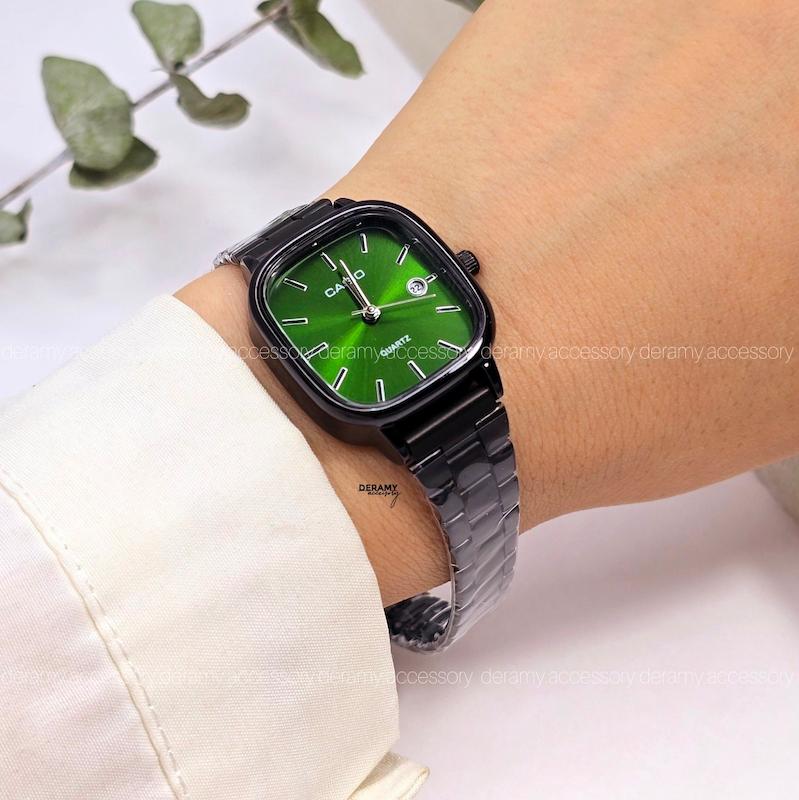  ساعتمچی کاسیو مربعی اولد مانی مشکی صفحه سبز با کیفیت عالی سایز کوچک | ساعت مچی casio زنانه  180-