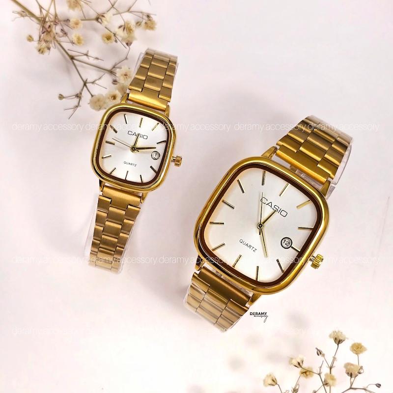 ست ساعتمچی کاسیو مربعی طلایی صفحه سفید  ترند | ساعت مچی اولد مانی casio زنانه مردانه 180 گرید بالا- کیفیت دار-