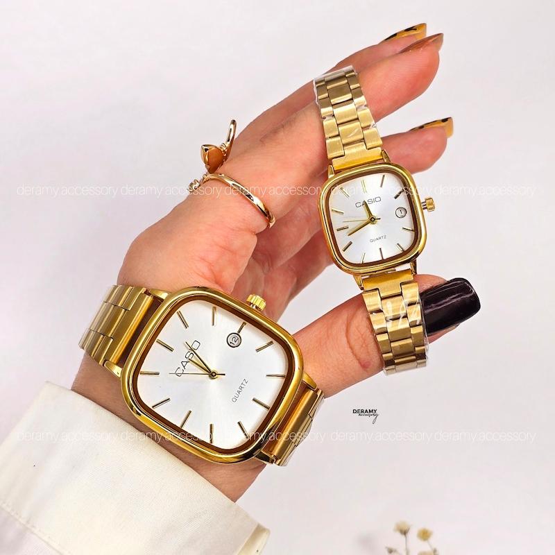 ست ساعتمچی کاسیو مربعی طلایی صفحه سفید  ترند | ساعت مچی اولد مانی casio زنانه مردانه 180 گرید بالا- کیفیت دار-