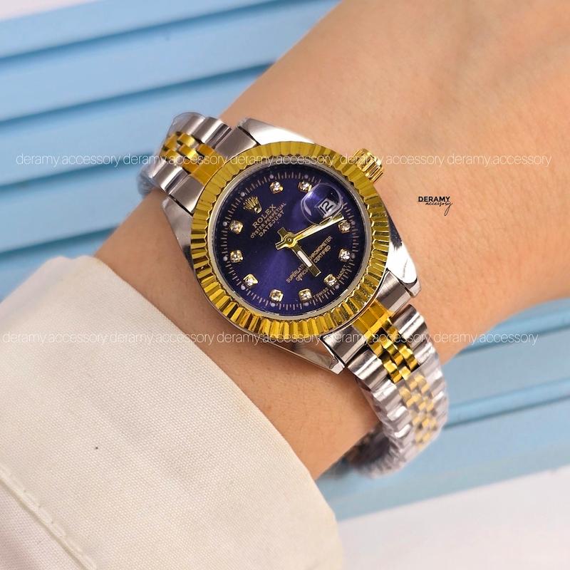 رنگبندی ساعت مچی زنانه رولکس سیلور طلایی صفحه آبی سورمه ای  | ساعتمچی rolex  کد 125-