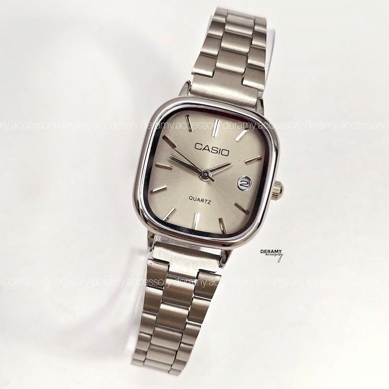 ست ساعتمچی کاسیو سیلور  صفحه دودی (شامپاینی) ترند | ساعت مچی اولد مانی casio زنانه مردانه 180 گرید بالا- مربع کیفیت دار-