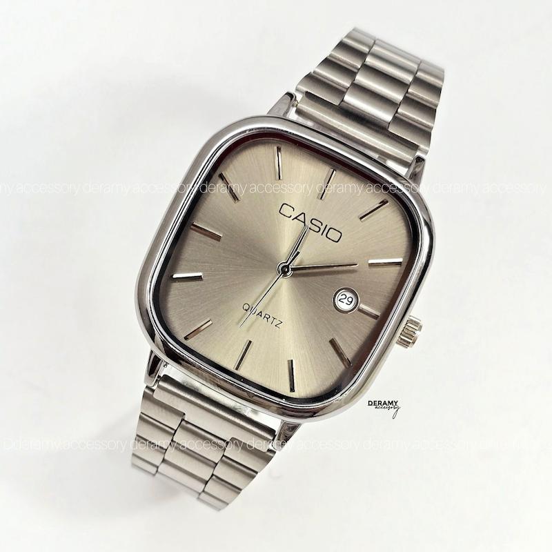 ست ساعتمچی کاسیو سیلور  صفحه دودی (شامپاینی) ترند | ساعت مچی اولد مانی casio زنانه مردانه 180 گرید بالا- مربع کیفیت دار-