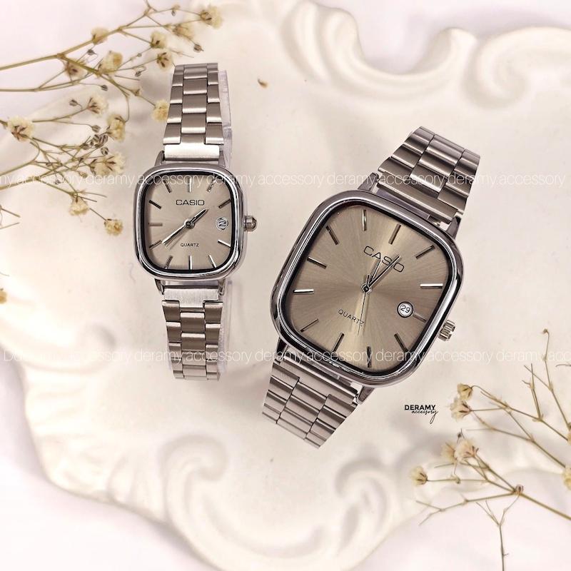 ست ساعتمچی کاسیو سیلور  صفحه دودی (شامپاینی) ترند | ساعت مچی اولد مانی casio زنانه مردانه 180 گرید بالا- مربع کیفیت دار-