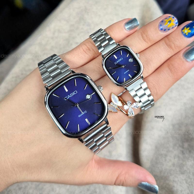 ست ساعتمچی کاسیو سیلور  صفحه آبی کاربنی (سورمه ای) ترند | ساعت مچی اولد مانی casio زنانه مردانه 180 گرید بالا- مربع کیفیت دار--