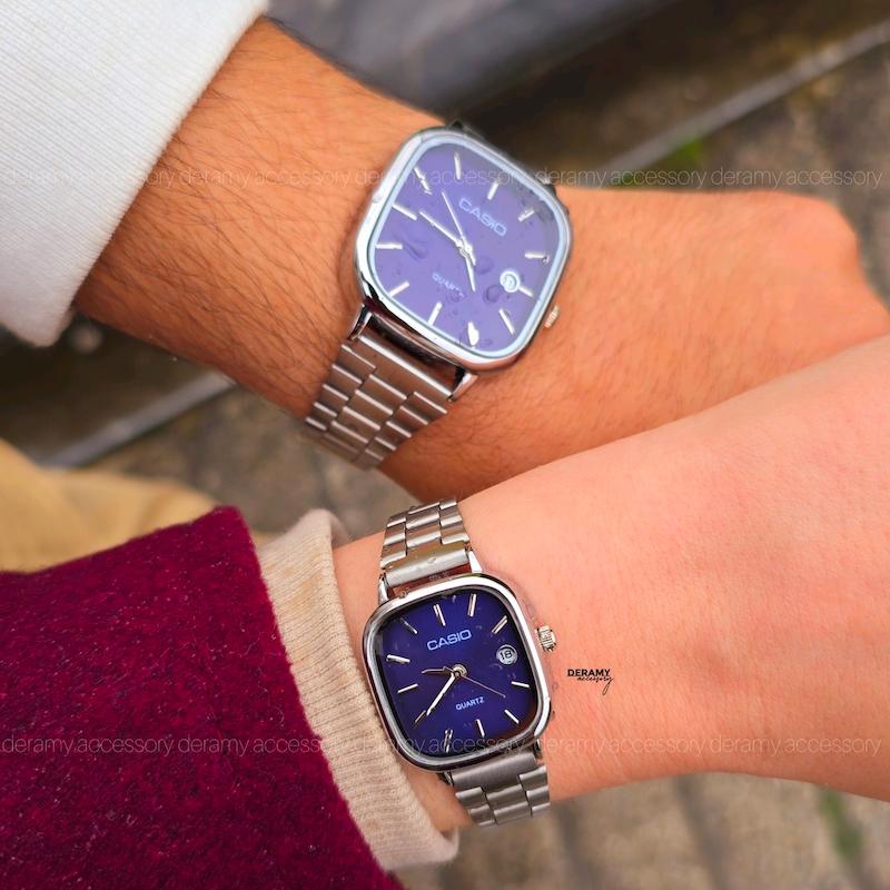 ست ساعتمچی کاسیو سیلور  صفحه آبی کاربنی (سورمه ای) ترند | ساعت مچی اولد مانی casio زنانه مردانه 180 گرید بالا- مربع کیفیت دار--
