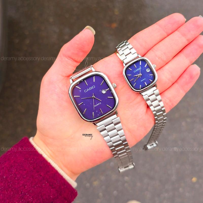 ست ساعتمچی کاسیو سیلور  صفحه آبی کاربنی (سورمه ای) ترند | ساعت مچی اولد مانی casio زنانه مردانه 180 گرید بالا- مربع کیفیت دار--