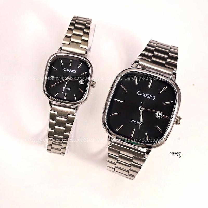 ست ساعتمچی کاسیو سیلور صفحه مشکی (نوک مدادی) ترند | ساعت مچی اولد مانی casio زنانه مردانه 180 گرید بالا- مربع کیفیت دار--هم تک هم ست