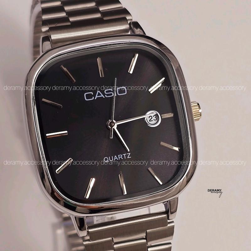 ست ساعتمچی کاسیو سیلور صفحه مشکی (نوک مدادی) ترند | ساعت مچی اولد مانی casio زنانه مردانه 180 گرید بالا- مربع کیفیت دار--هم تک هم ست