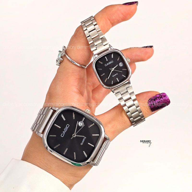ست ساعتمچی کاسیو سیلور صفحه مشکی (نوک مدادی) ترند | ساعت مچی اولد مانی casio زنانه مردانه 180 گرید بالا- مربع کیفیت دار--هم تک هم ست