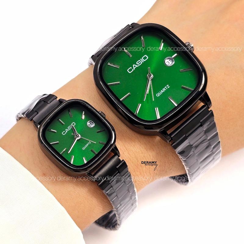 ست / زنانه / مردانه ساعتمچی کاسیو مشکی صفحه سبز  ترند | ساعت مچی اولد مانی casio زنانه مردانه  ست 180 گرید بالا- مربع کیفیت دار-