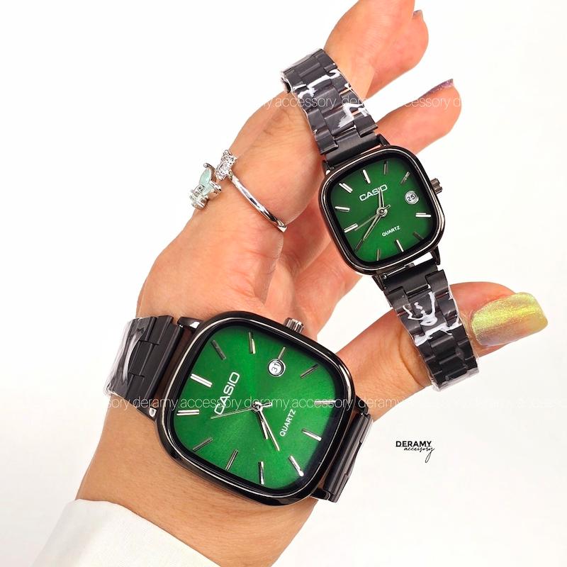 ست / زنانه / مردانه ساعتمچی کاسیو مشکی صفحه سبز  ترند | ساعت مچی اولد مانی casio زنانه مردانه  ست 180 گرید بالا- مربع کیفیت دار-