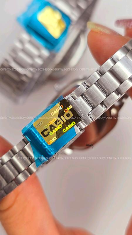 ست ساعتمچی کاسیو مربعی با کیفیت عالی سیلور صفحه صورتی روشن | ساعت مچی اولد مانی casio ست و مردانه 180 گرید بالا-