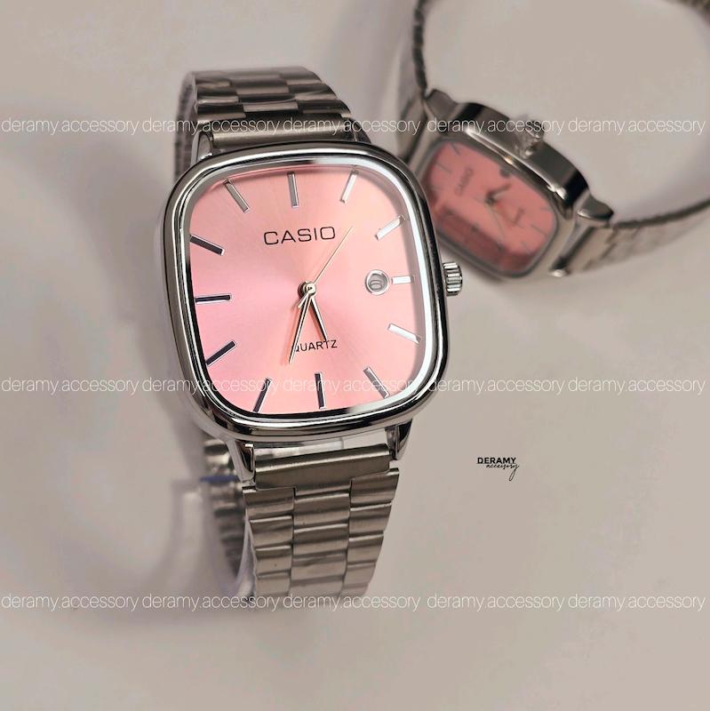 ست ساعتمچی کاسیو مربعی با کیفیت عالی سیلور صفحه صورتی روشن | ساعت مچی اولد مانی casio ست و مردانه 180 گرید بالا-