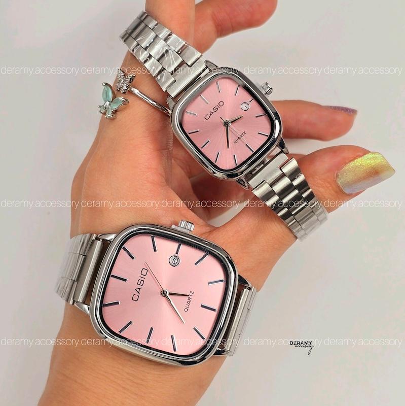 ست ساعتمچی کاسیو مربعی با کیفیت عالی سیلور صفحه صورتی روشن | ساعت مچی اولد مانی casio ست و مردانه 180 گرید بالا-