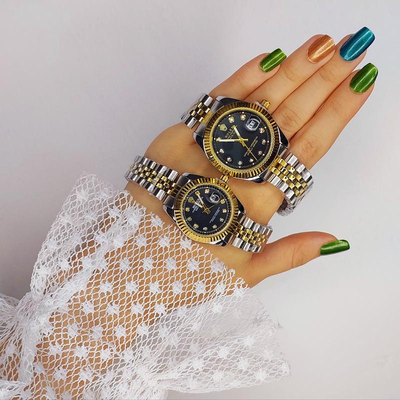 ساعت مچی ست / زنانه/ مردانه رولکس صفحه مشکی گرید بالا | ساعتمچی  rolex سایز کوچک و بزرگ  125--کپی