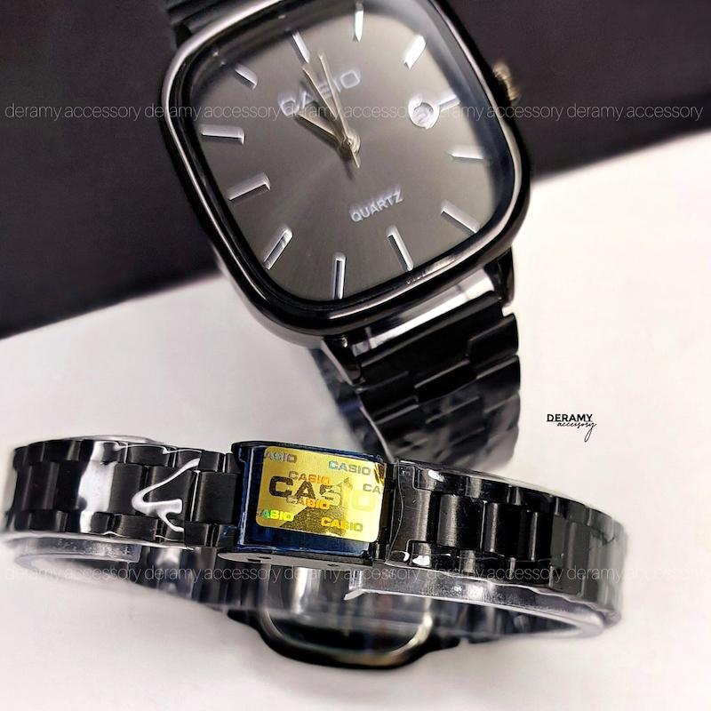 ست / زنانه / مردانه ساعتمچی کاسیو مشکی صفحه مشکی  ترند | ساعت مچی اولد مانی casio زنانه مردانه  ست 180 گرید بالا- مربع کیفیت دار--بند و مونتاژ ژاپن