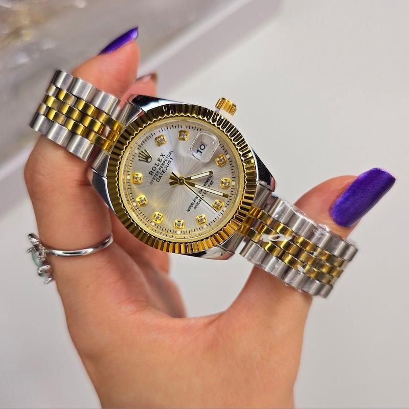 ساعت مچی سایز قاب ۳۸ رولکس سیلور طلایی صفحه سفید گرید بالا | ساعتمچی  rolex سایز بزرگ  125--293