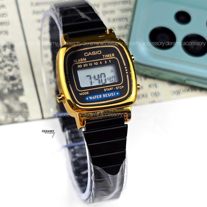 ساعت کاسیو نوستالژی تمام مشکی قاب طلایی بند کرکره ای | ساعت مچی زنانه casio  292--موتور با کیفیت فول امکانات  زنانه-315