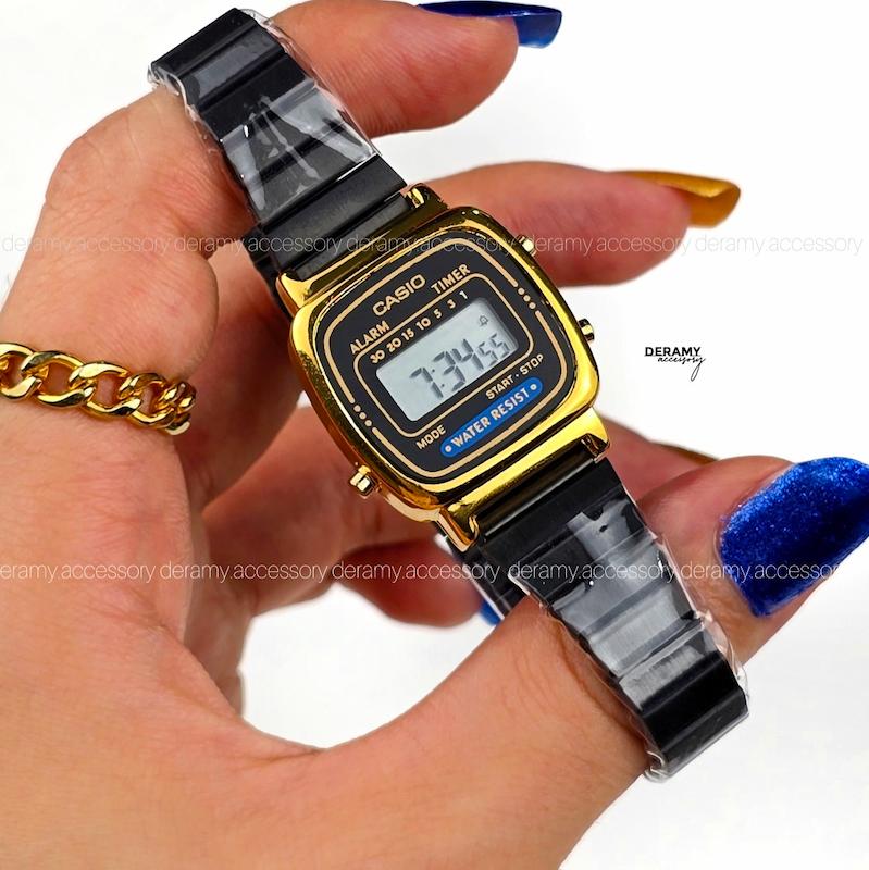 ساعت کاسیو نوستالژی تمام مشکی قاب طلایی بند کرکره ای | ساعت مچی زنانه casio  292--موتور با کیفیت فول امکانات  زنانه-315