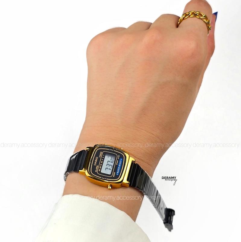 ساعت کاسیو نوستالژی تمام مشکی قاب طلایی بند کرکره ای | ساعت مچی زنانه casio  292--موتور با کیفیت فول امکانات  زنانه-315