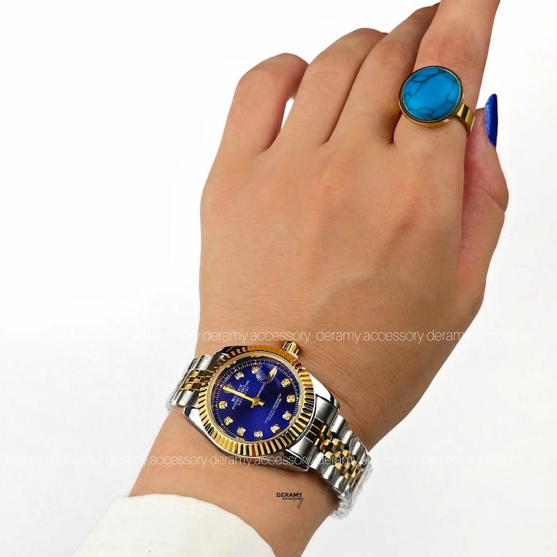 ساعت مچی رولکس صفحه آبی کاربنی مناسب خانم ها| ساعتمچی زنانه درباری rolex سایز مناسب خانم ها کوچک  125--
