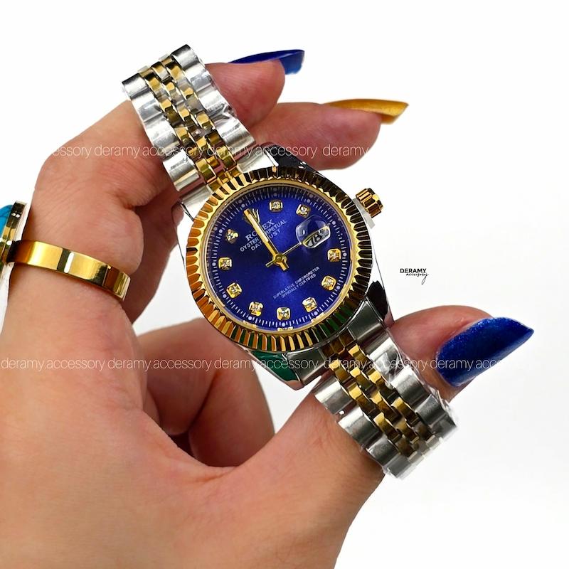 ساعت مچی رولکس صفحه آبی کاربنی مناسب خانم ها| ساعتمچی زنانه درباری rolex سایز مناسب خانم ها کوچک  125--