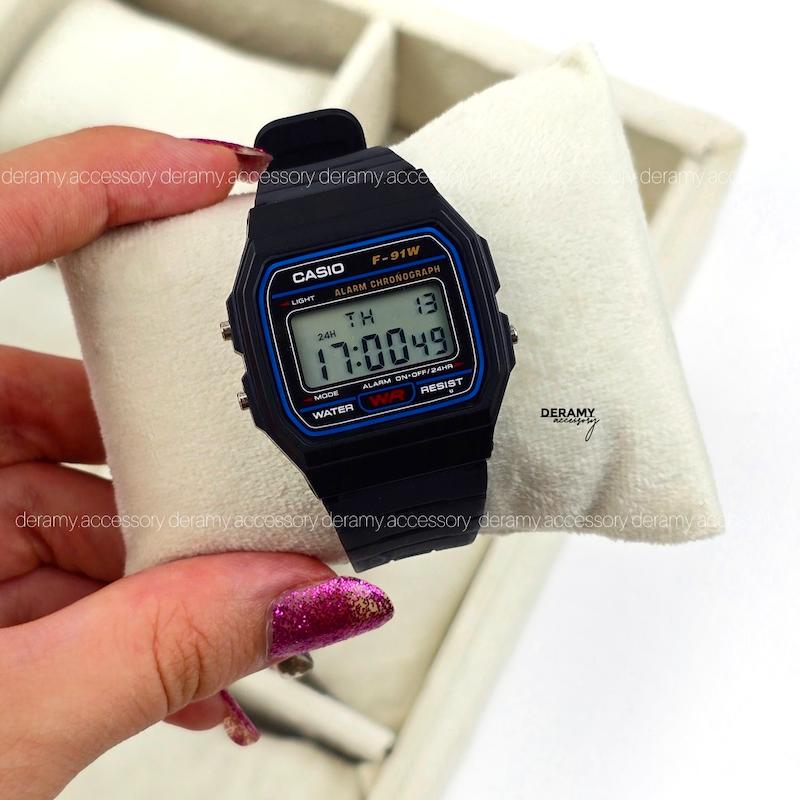 ساعت در دو سایز(کوچک / بزرگ) کاسیو نوستالژی بلاکی ضد اب مشکی | ساعت زنانه مردانه casio کد 153-موتور شرکتی با کیفیت- ضد حساسیت و ضد ضربه F - 91w ژاپن