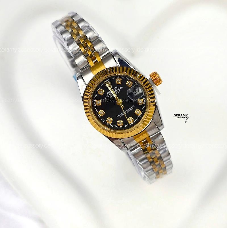 ساعت مچی رولکس سیلور طلایی صفحه مشکی مناسب خانم ها| ساعتمچی زنانه rolex سایز مناسب خانم ها کوچک  125- 330-