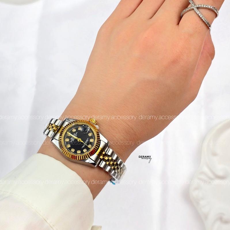 ساعت مچی رولکس سیلور طلایی صفحه مشکی مناسب خانم ها| ساعتمچی زنانه rolex سایز مناسب خانم ها کوچک  125- 330-