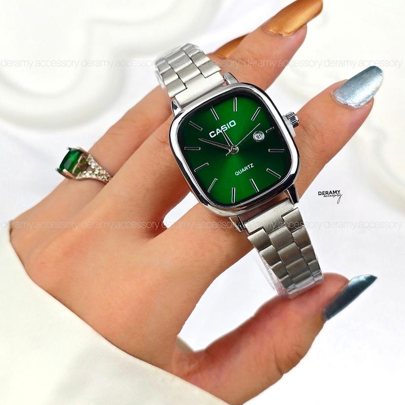  / زنانه / ساعتمچی کاسیو سیلور صفحه سبز درباری ترند مربعی| ساعت مچی اولد مانی casio زنانه  180 - مربع بند و مونتاژ ژاپن--با کیفیت-کپی